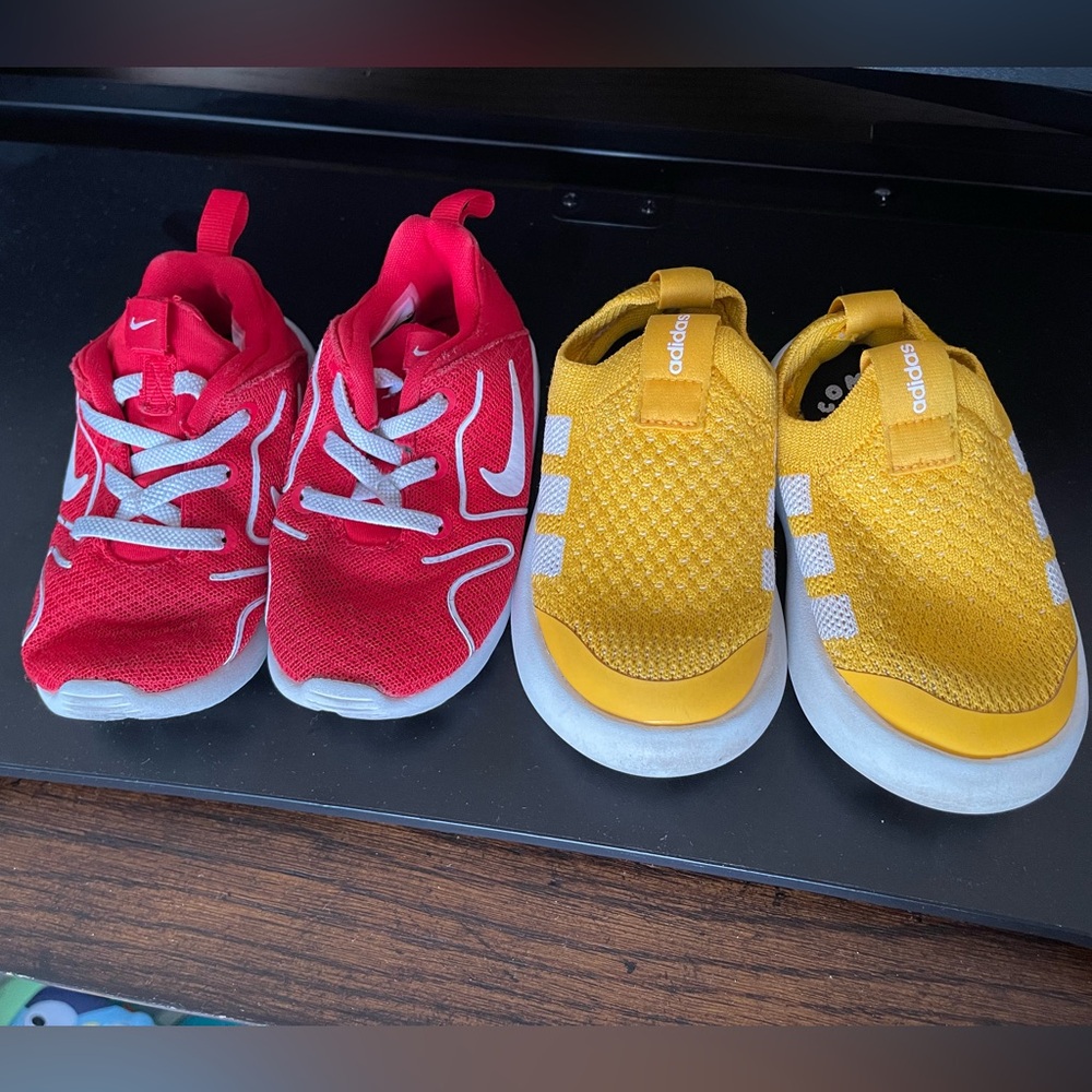 Toddler Sneakers - Red Nike and Yellow Adidas